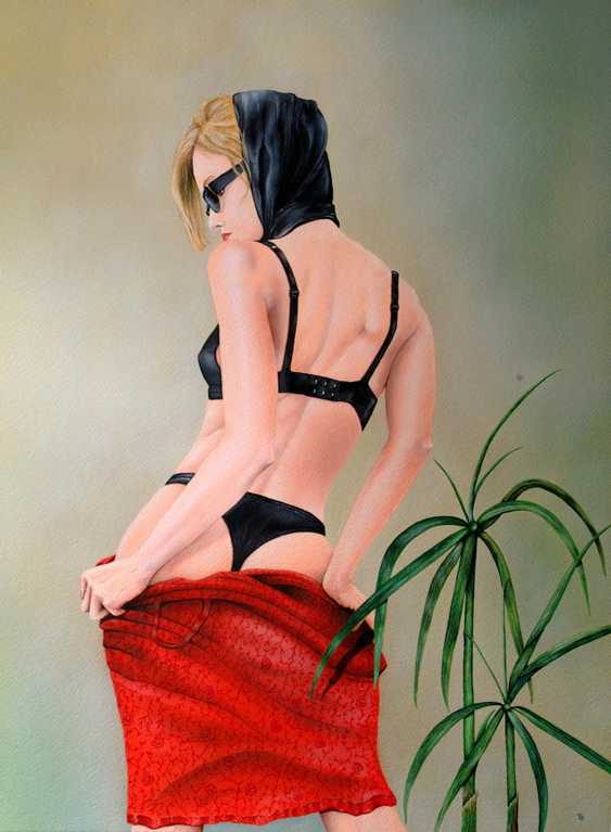 Figurative fine art Painting.  Removed, Red Dress.  Peter Buddle